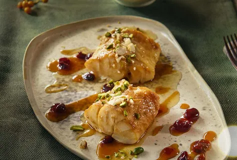 Cranberry and miso cod with nut topping