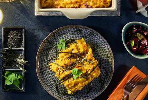 Cheesy pumpkin pasta bake with nori