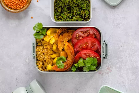 Bowl with lentils and baked pumpkin