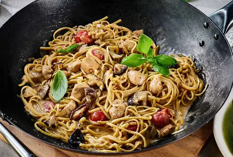 Chicken Alfredo pasta with teriyaki sauce