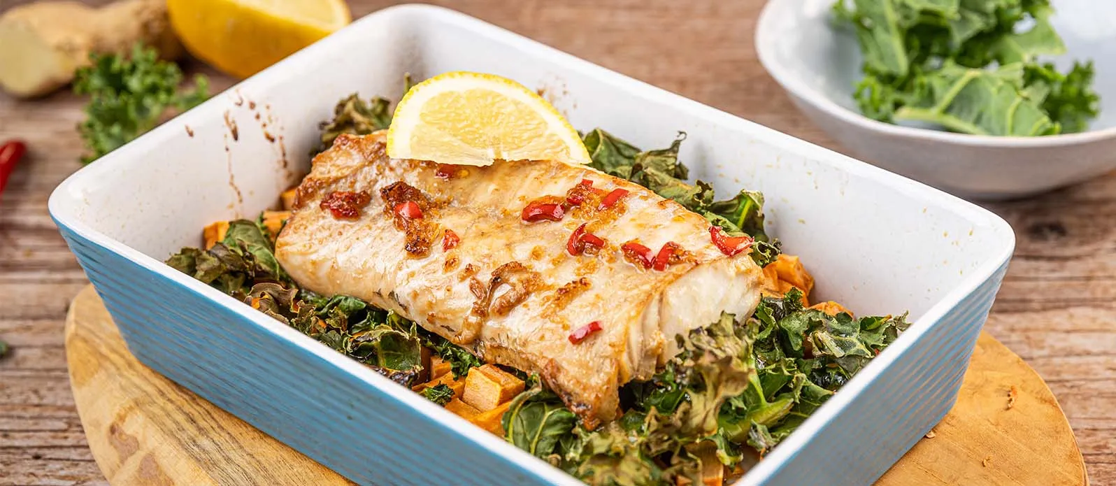 Baked cod with kale and sweet potato