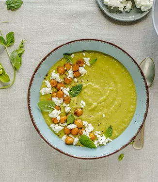 Easy Pea Soup with mint, chickpeas and feta cheese