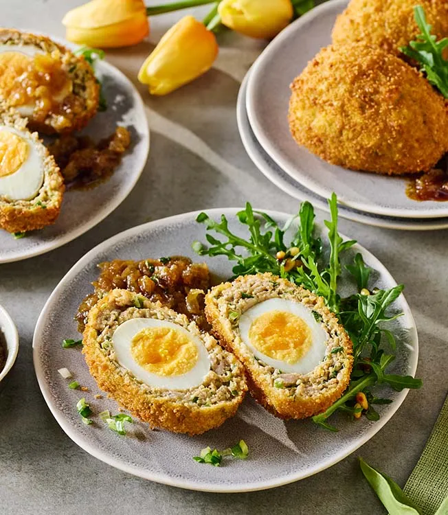 Soy Scotch Eggs with Onion relish