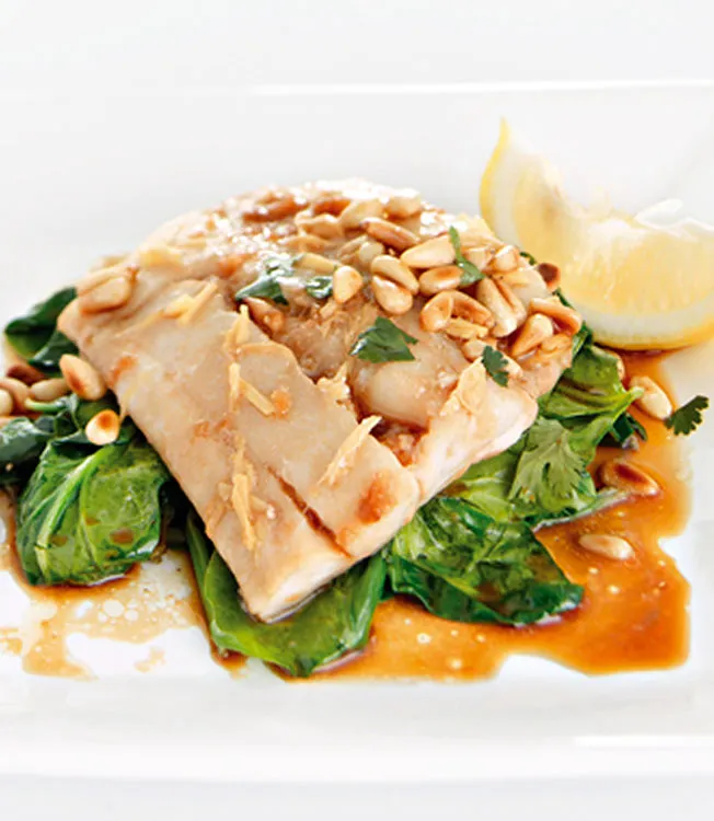 Steamed Haddock on Lemon Spinach