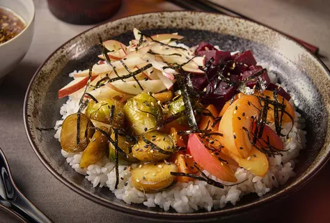 Fruity roast vegetable & furikake donburi