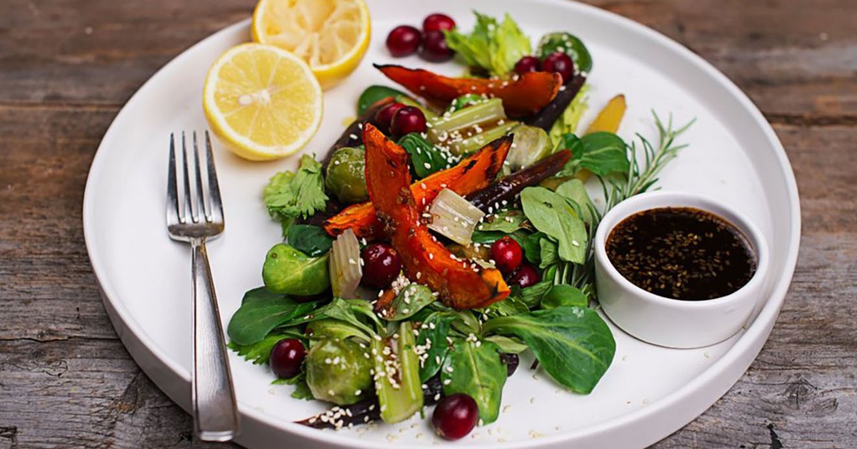 Warm vegan vegetable salad with Teriyaki sesame dressing Kikkoman
