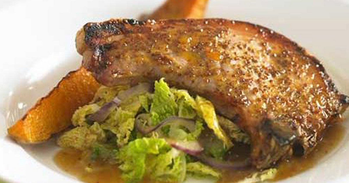 Pork chops with soy basted butternut squash and shredded cabbage | Kikkoman