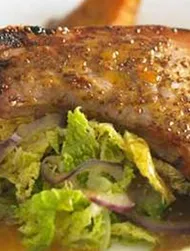 Pork chops with soy basted butternut squash and shredded cabbage