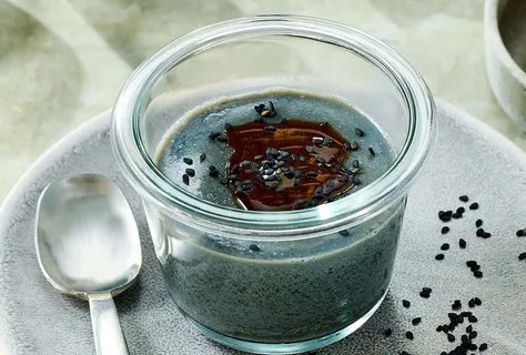 Vegan goma panna cotta with black tahini