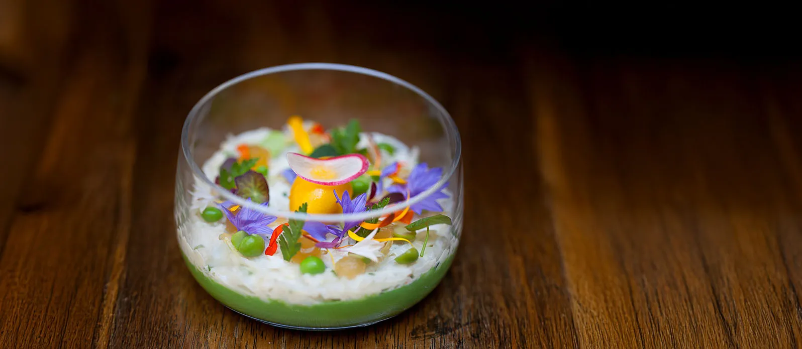 Crab and sweet pea pannacotta, soy & mango dashi sorbet