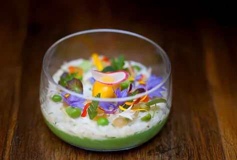 Crab and sweet pea pannacotta, soy & mango dashi sorbet