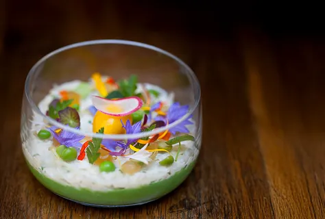 Crab and sweet pea pannacotta, soy & mango dashi sorbet