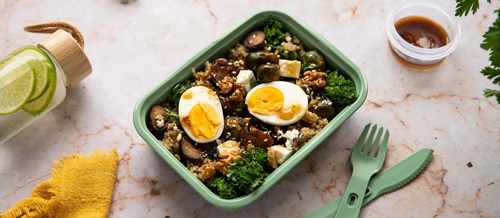 Quinoa salad with caramelised sprouts