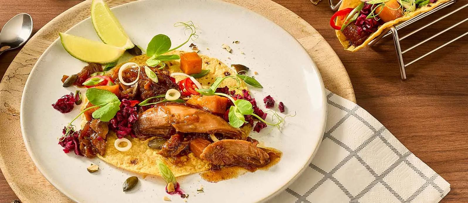 Goose tacos with salsa and caramelised squash
