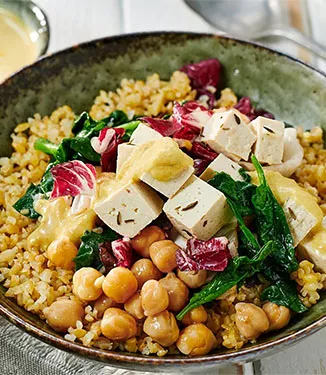 Healthy Bulgur & Chickpea Bowl with vegan feta