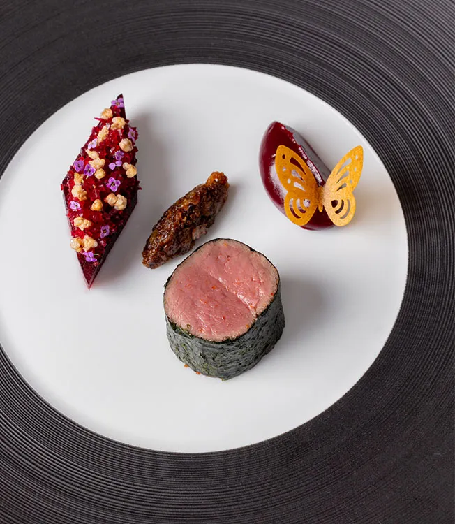 Cotswold venison, crapaudine beetroot, pine