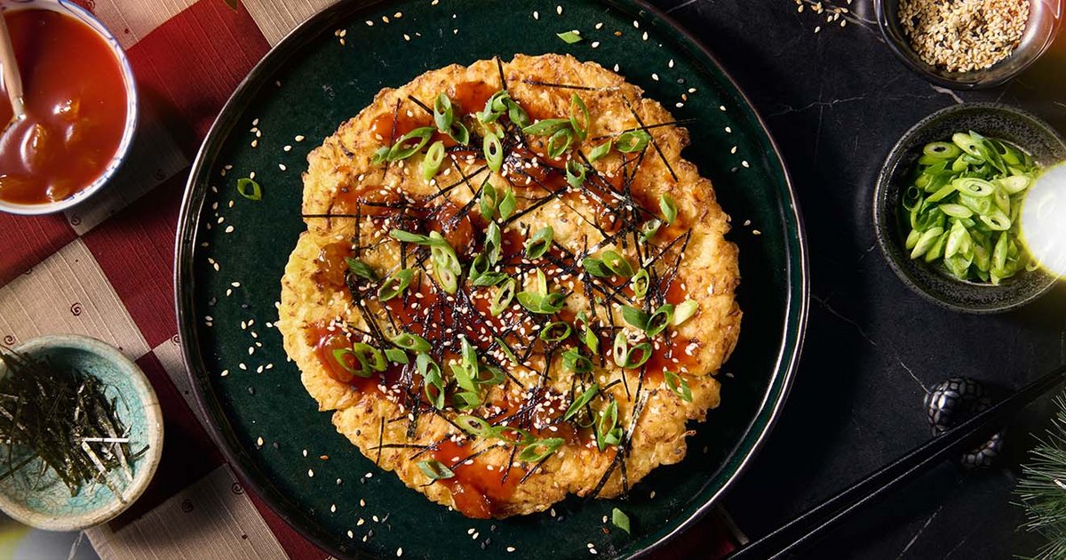 Okonomiyaki with sauerkraut and spicy raisin sauce | Kikkoman