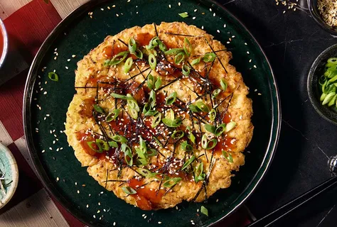 Okonomiyaki with sauerkraut and spicy raisin sauce
