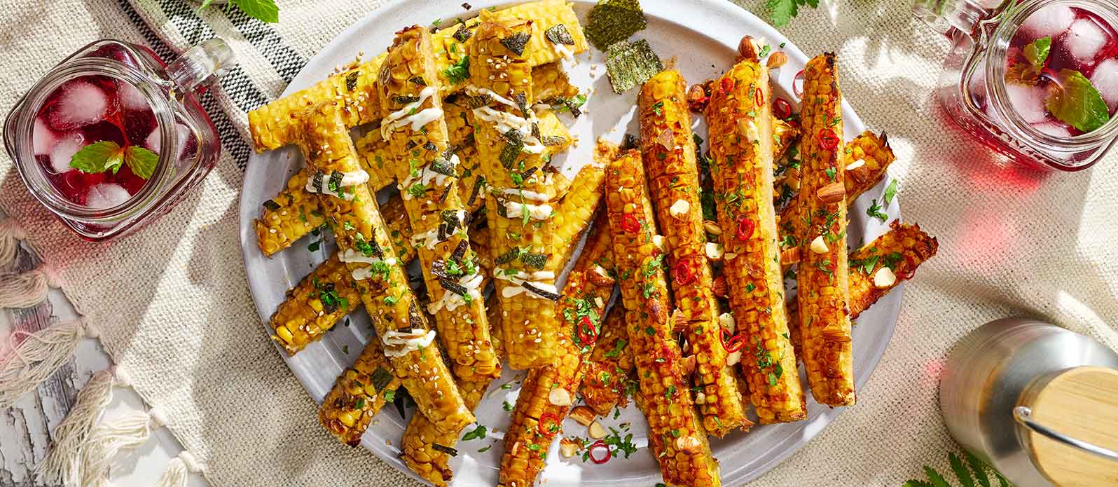 Sweetcorn duo: teriyaki & soy butter corn ribs
