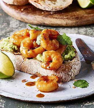 Teriyaki prawn and avocado toast