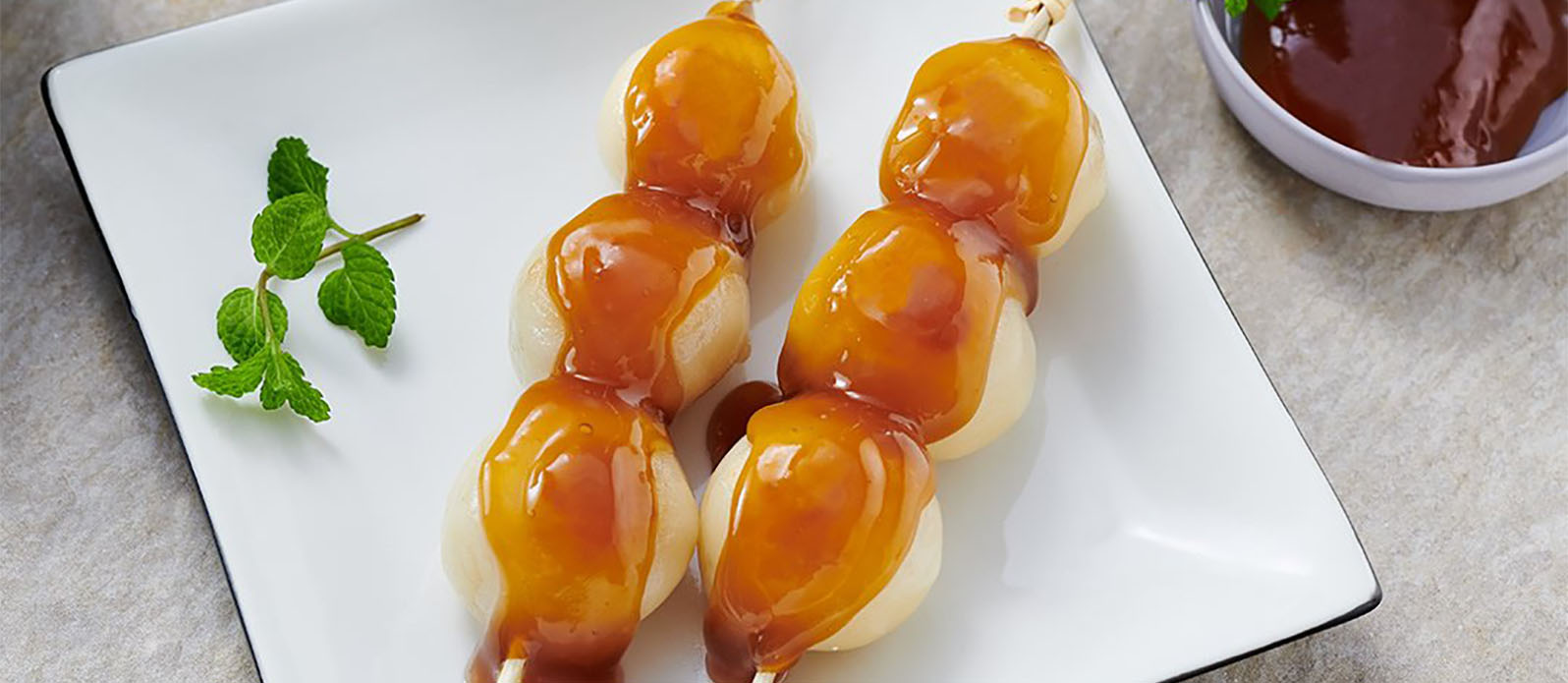 Japanese Mitarashidango (Mochi balls with sweet soy sauce glaze